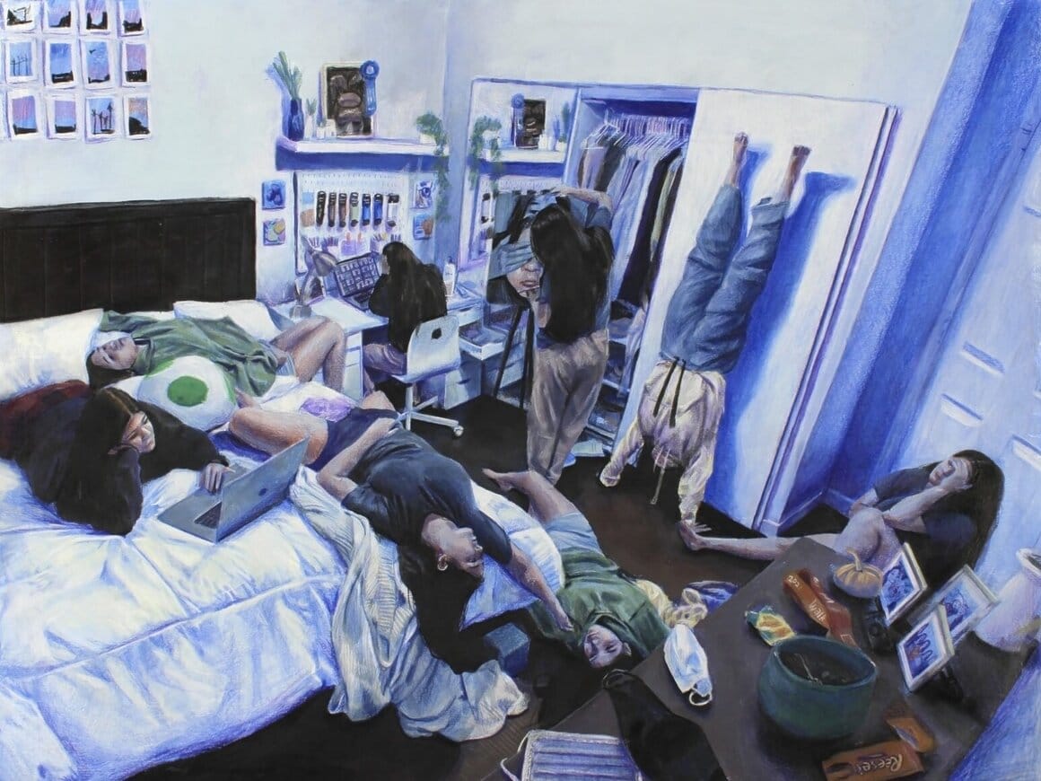 L'artiste représentée en huit exemplaires dans sa chambre pendant le confinement