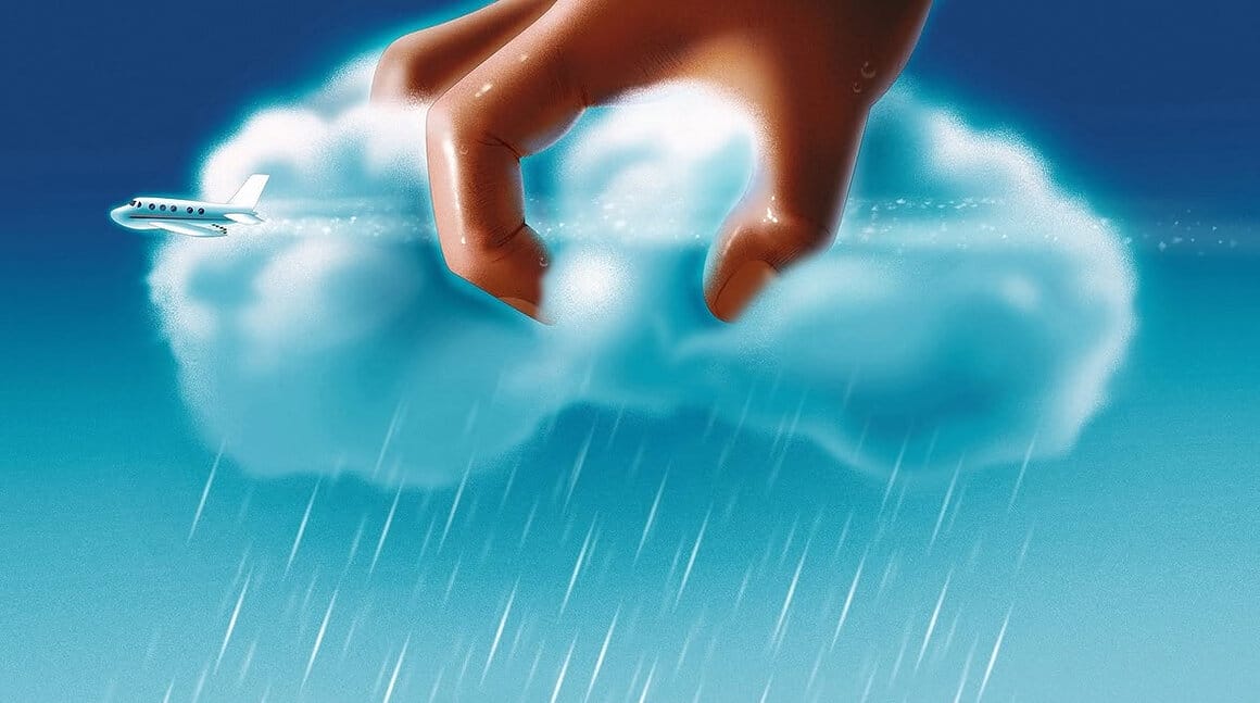 Une main qui agrippe un nuage pluvieux