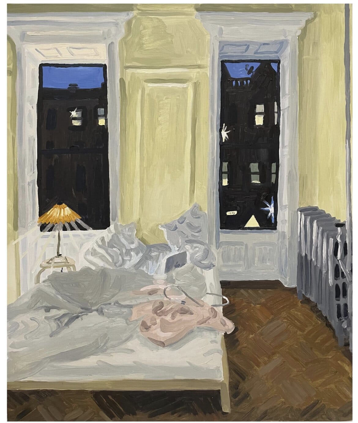 Peinture d'un lit défait devant deux fenêtres