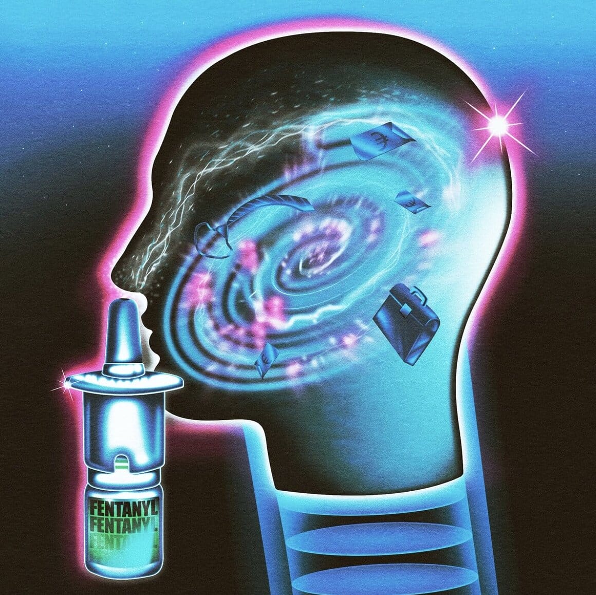 Tête de profil dans laquelle se trouve un trou noir créé par l'inspiration d'un produit sortant d'une bouteille ressemblant à un médicament pour déboucher le nez par Liorzh