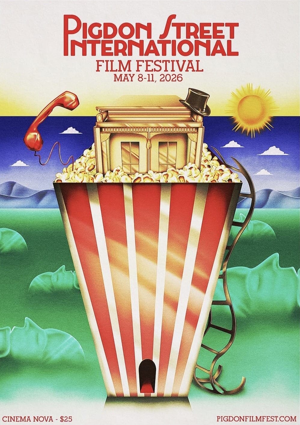 Pot de popcorn dans un champ de têtes vertes supportant un théâtre d'or
