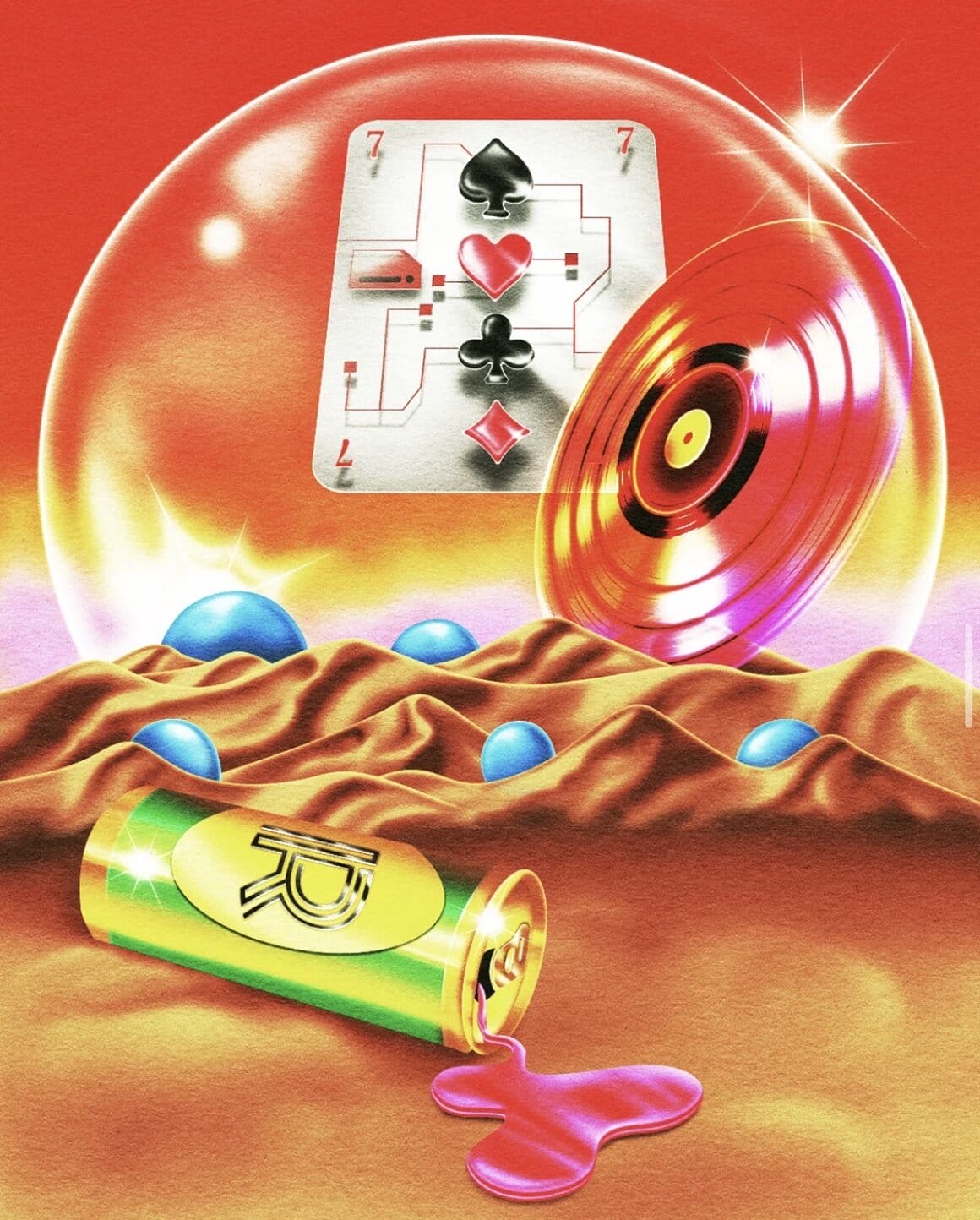 Carte de jeu modifié surplombant un desert de sable et une cannette déversant un liquide rose