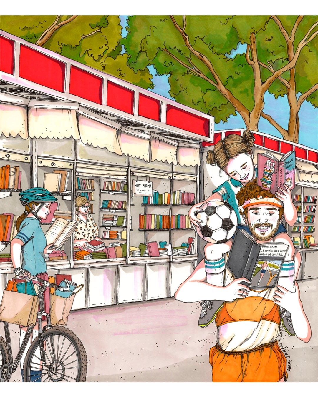 Illustration d'une allée de la Foire du livre de Madrid où plusieurs visiteurs lisent en marchant ou à vélo devant des stands de libraires, tandis qu'un père porte une enfant lisant sur ses épaules.