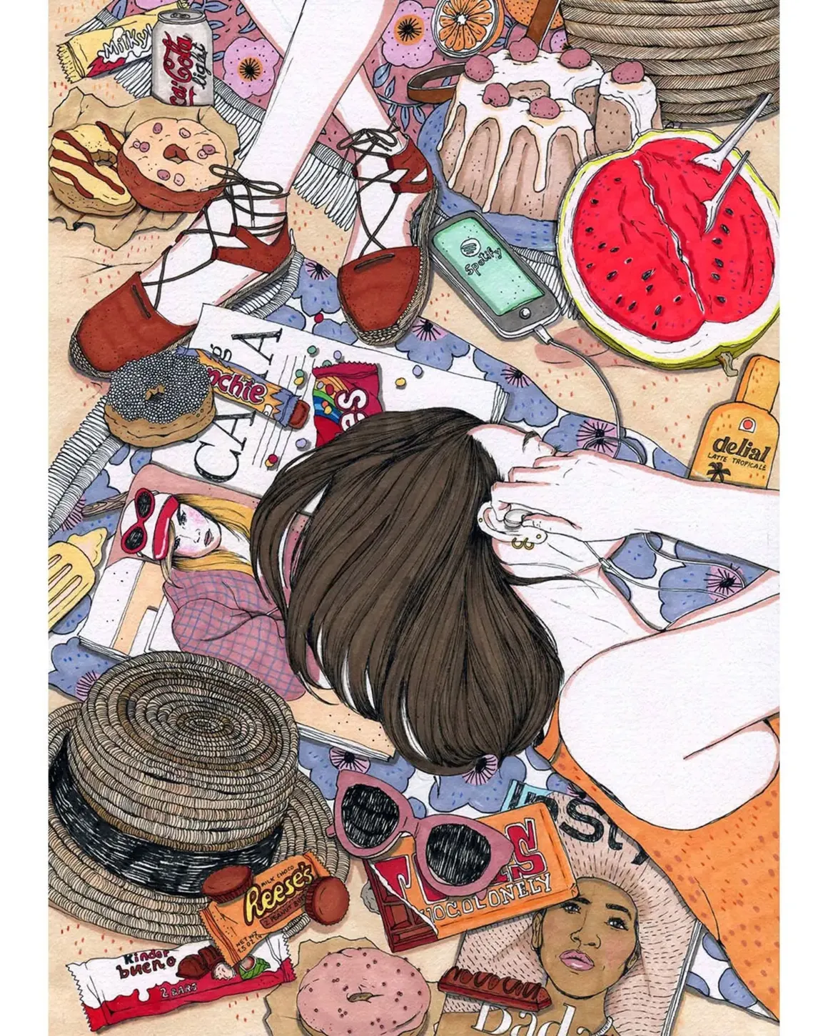Illustration vue du dessus d'une femme allongée sur une serviette de plage, entourée de magazines, de lunettes de soleil, de pâtisseries, de friandises, d'une pastèque, d'un téléphone et de plusieurs accessoires de plage.