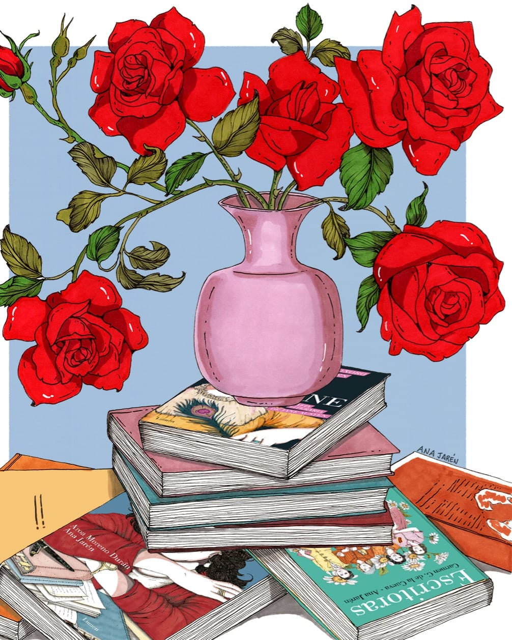 Illustration représentant une pile de livres surmontée d'un vase rose rempli de roses rouges. Plusieurs ouvrages sont empilés, dont Les Victoriens d'Anne-Jane et L'Amour dure trois ans de Frédéric Beigbeder.