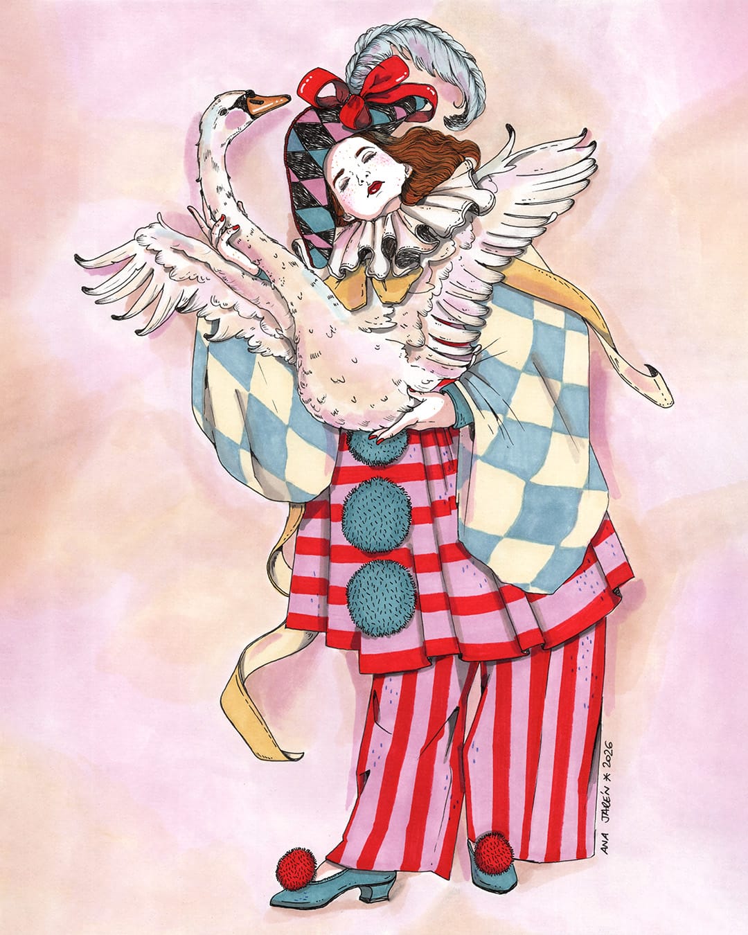 Illustration d'une femme vêtue d'un costume inspiré du Pierrot serrant un cygne aux ailes déployées contre elle, sur un fond aux teintes pastel.