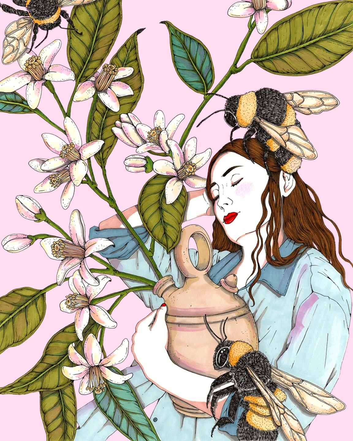 Illustration d'une femme tenant une cruche en terre cuite au milieu de fleurs blanches d'oranger, entourée de plusieurs bourdons sur un fond rose pastel.