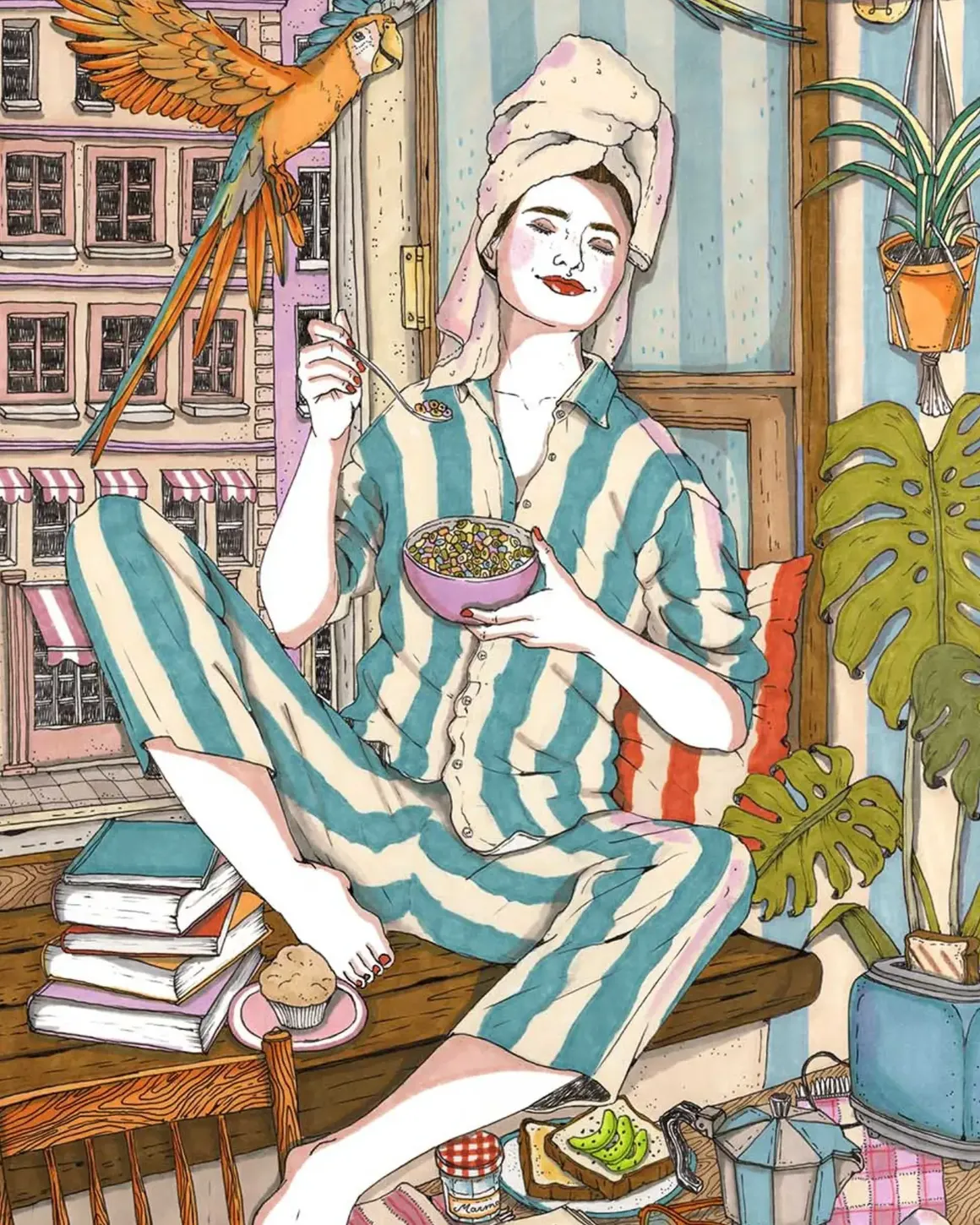 Illustration d'une femme en pyjama rayé prenant son petit-déjeuner près d'une fenêtre ouverte. Des livres, des plantes, une cafetière italienne, un toast à l'avocat et un perroquet composent l'intérieur de l'appartement.