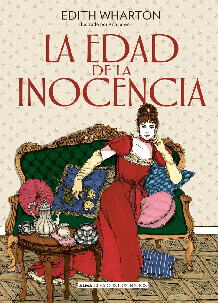 Couverture réalisée par Ana Jarén du roman "La edad de la inocencia" montrant une femme en robe rouge assise sur un canapé vert, entourée de meubles et d'objets inspirés de la haute société du XIXᵉ siècle.