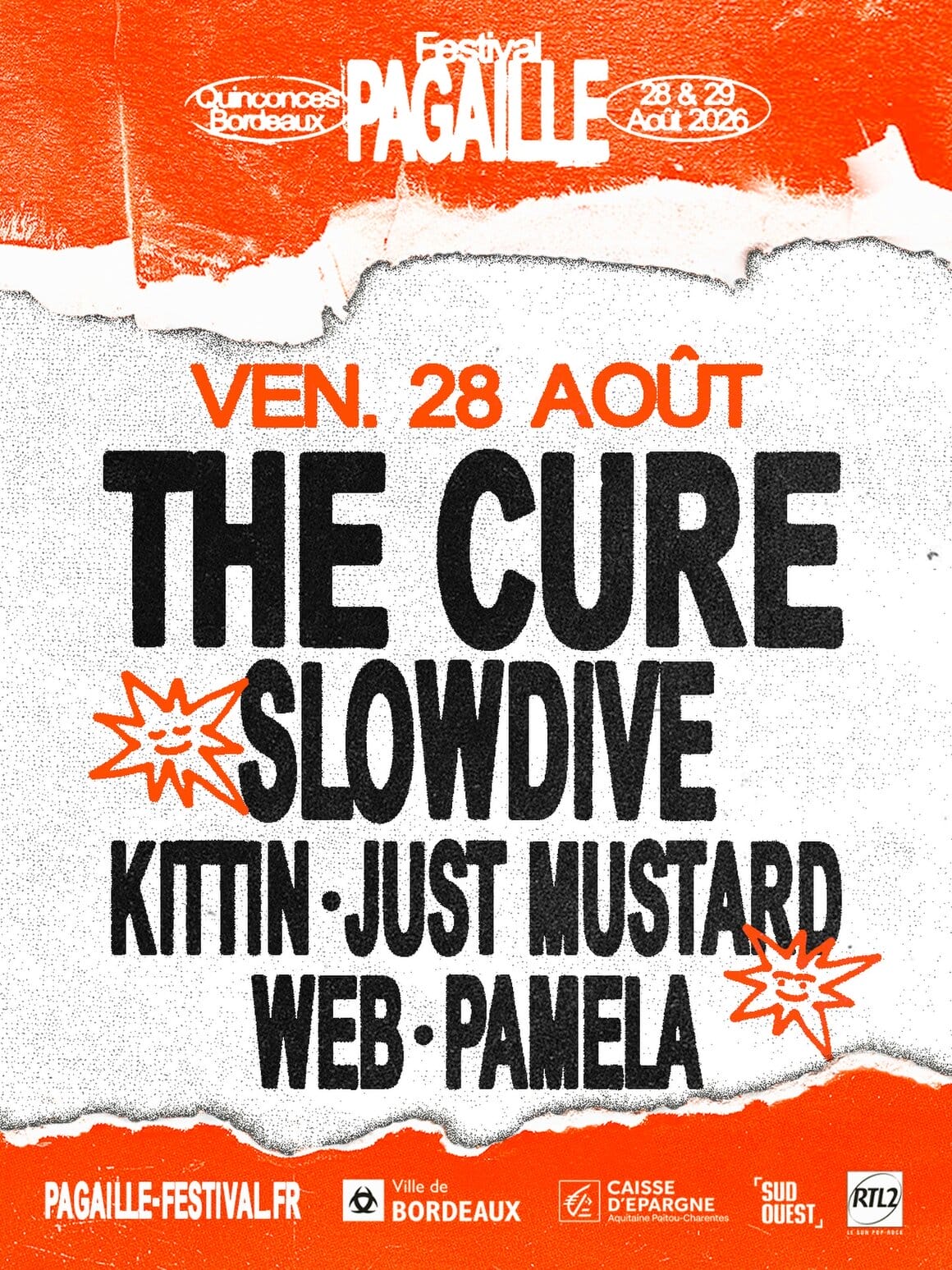 affiche du Pagaille festival du 28 au 29 août pour sa première édition. On peut découvrir les artistes inscrit en tête d'affiche sur un fond blanc et orange