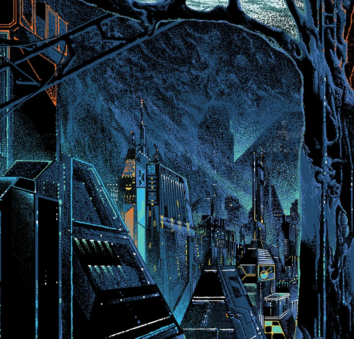 Illustration d'une ville futuriste nocturne imaginée par Kilian Eng.