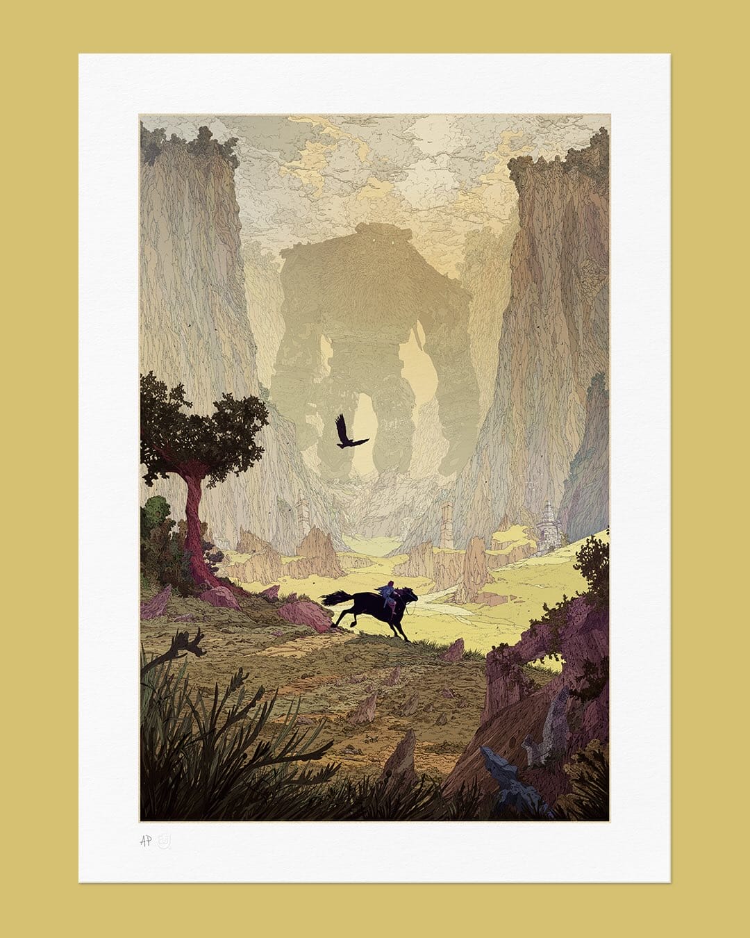 Illustration de Shadow of the Colossus par Kilian Eng montrant un cavalier face à un immense colosse dans une vallée.