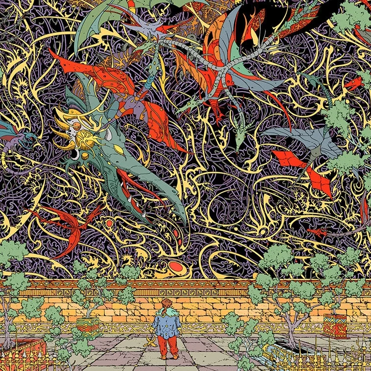 Illustration de Kilian Eng représentant un personnage face à une architecture organique et une végétation foisonnante.