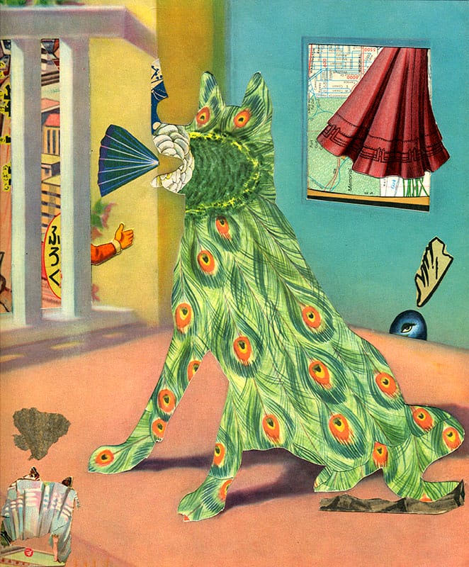 Créature ressemblant à un tigre ayant des plumes de paon apparaissant dans une pièce aux couleurs pastel.