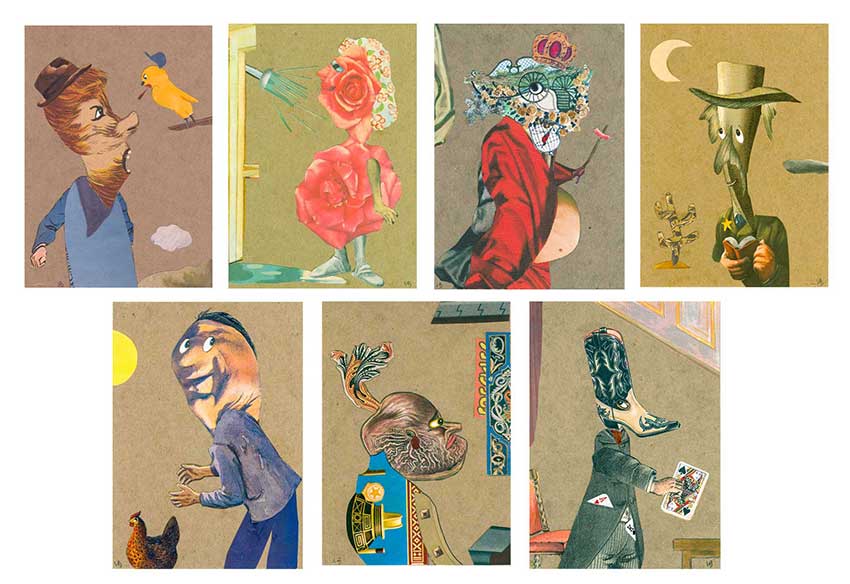 Série de petits collages représentant des personnages et créatures hybrides aux visages transformés.