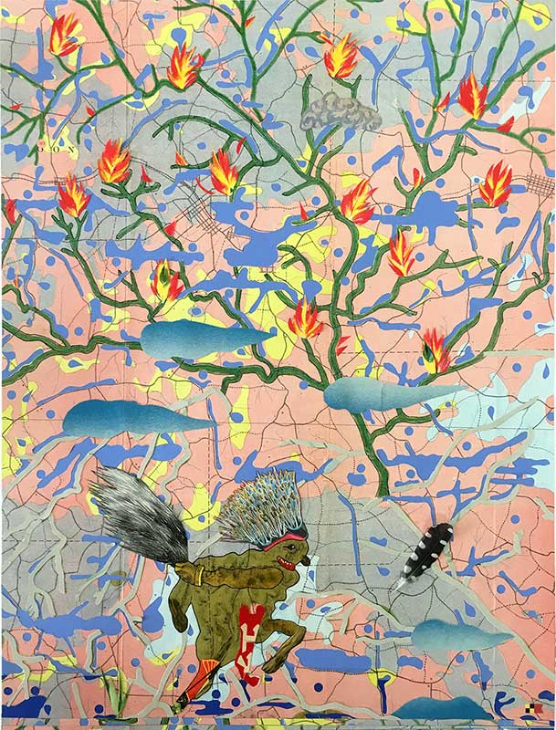 Collage représentant la carte d'une ville envahie de créatures hybrides et de végétaux gigantesques en flammes.