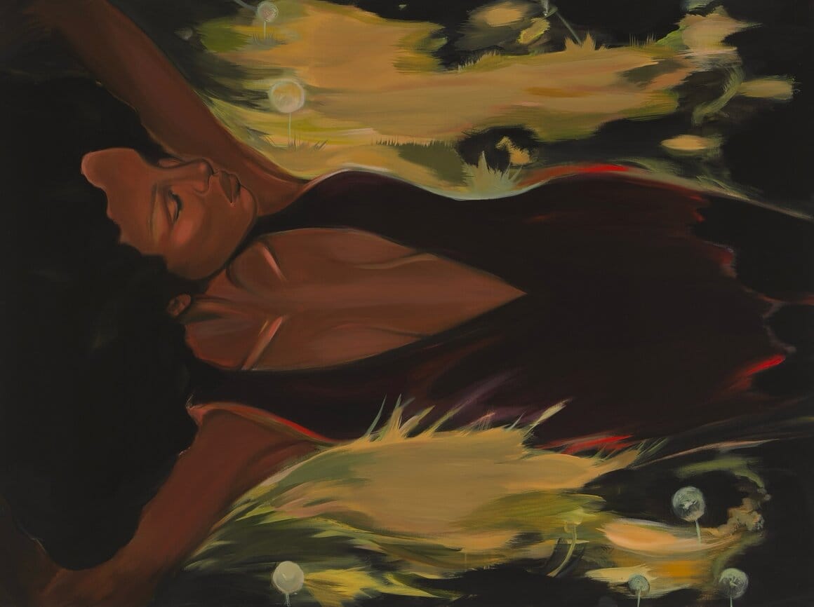 Peinture montrant une femme allongée dans l'herbre, les yeux clos.