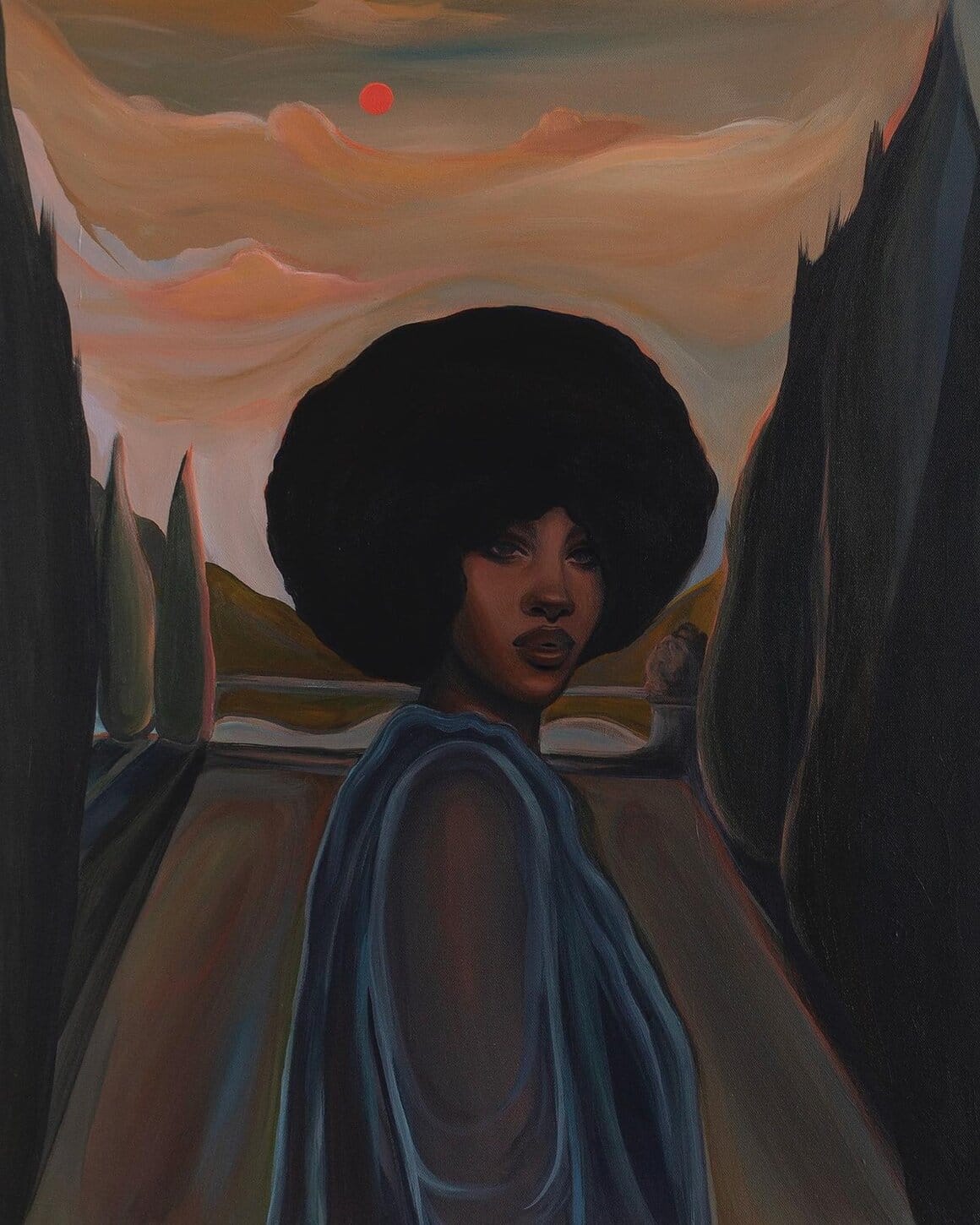 Peinture représentant une femme marchant seule dans un jardin