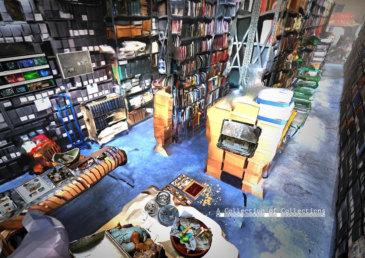 Installation immersive montrant une bibliothèque encombrée de livres, d'archives et d'objets numérisés.