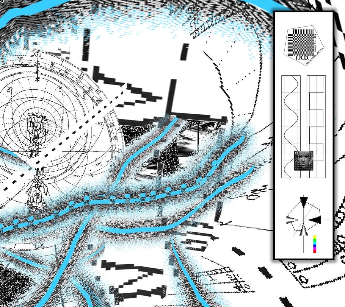 Composition numérique associant un cadran d'horloge, des effets de pixellisation et des lignes bleues.