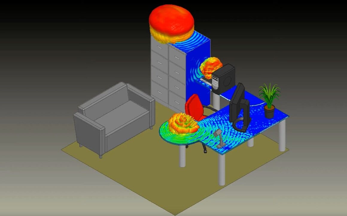 Visualisation de champs électromagnétiques autour d'un bureau et d'objets du quotidien.