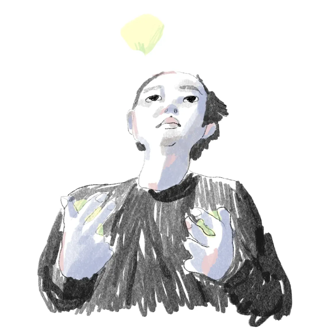 Illustration de Ping Zhu représentant un personnage en pull noir levant les yeux vers une forme jaune flottante.