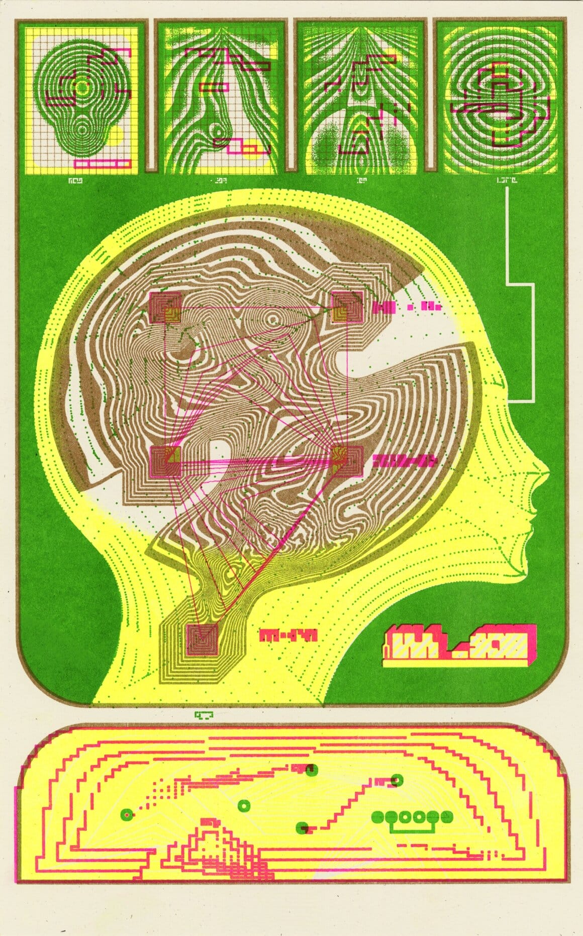 Œuvre abstraite de Robert Beatty composée de lignes colorées rappelant une carte topographique ou un circuit électronique.