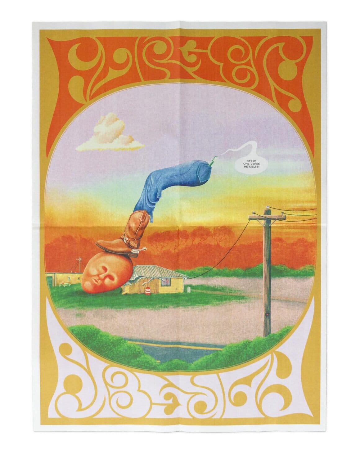 Illustration surréaliste de Robert Beatty où une jambe géante, une maison et une tête humaine cohabitent dans une même composition.