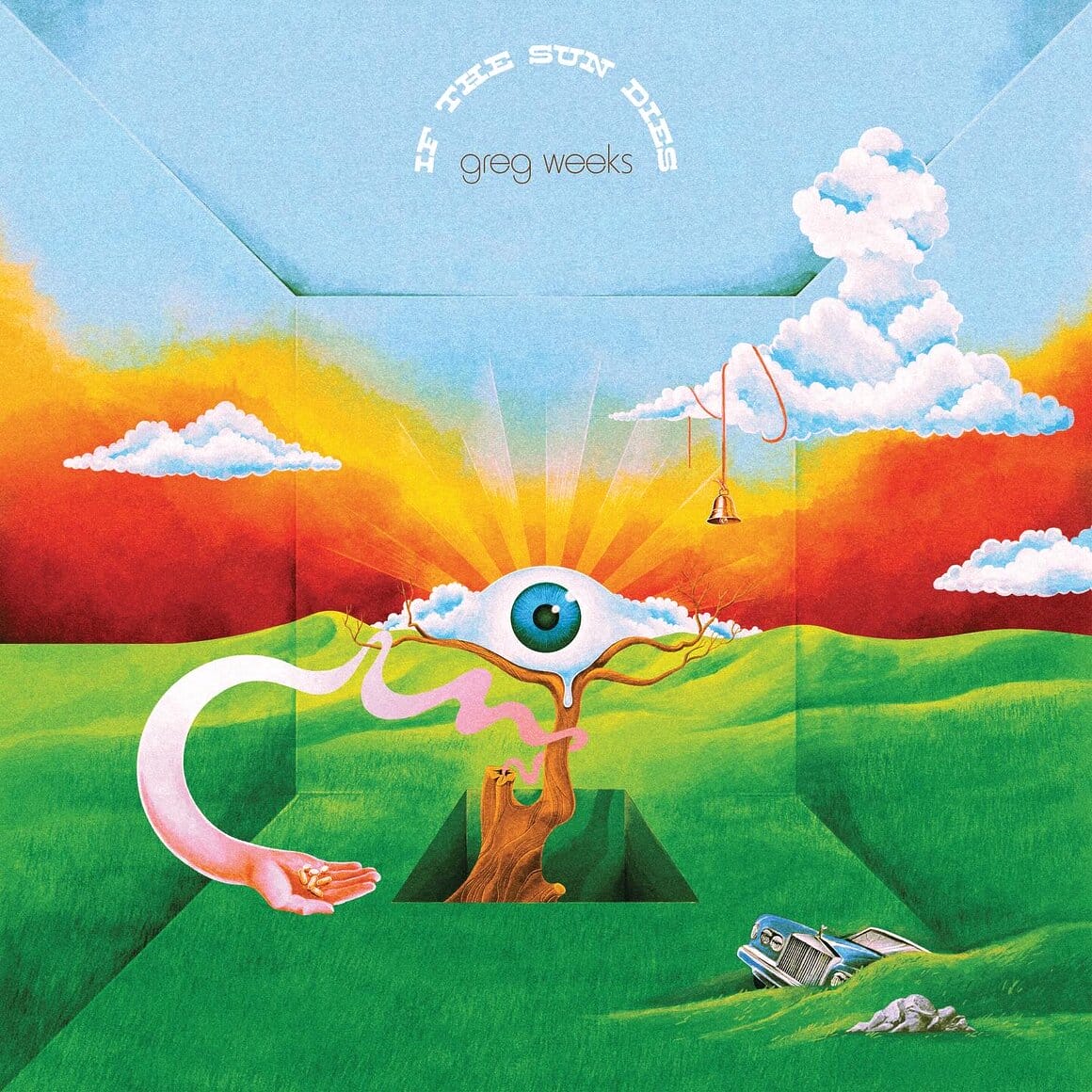 Pochette de l'album I See the Sun de Greg Weeks illustrée par Robert Beatty, représentant un paysage verdoyant traversé par un arbre surmonté d'un œil, entouré de nuages et d'un ciel aux couleurs vives.