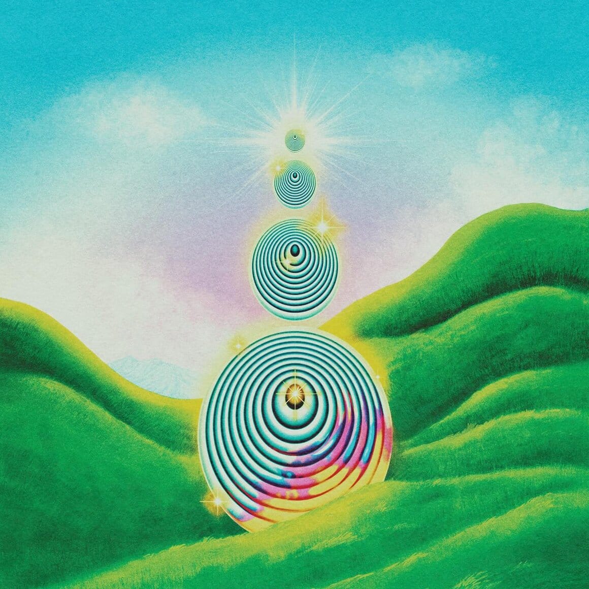 Illustration représentant un paysage abstrait aux couleurs saturées et aux formes géométriques.