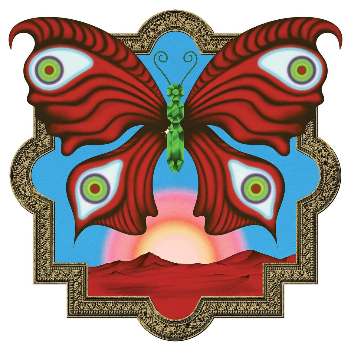 Illustration de Robert Beatty pour la collection automne-hiver 2018-2019 de Dries Van Noten représentant un grand papillon rouge aux ailes stylisées au-dessus d'un paysage désertique.