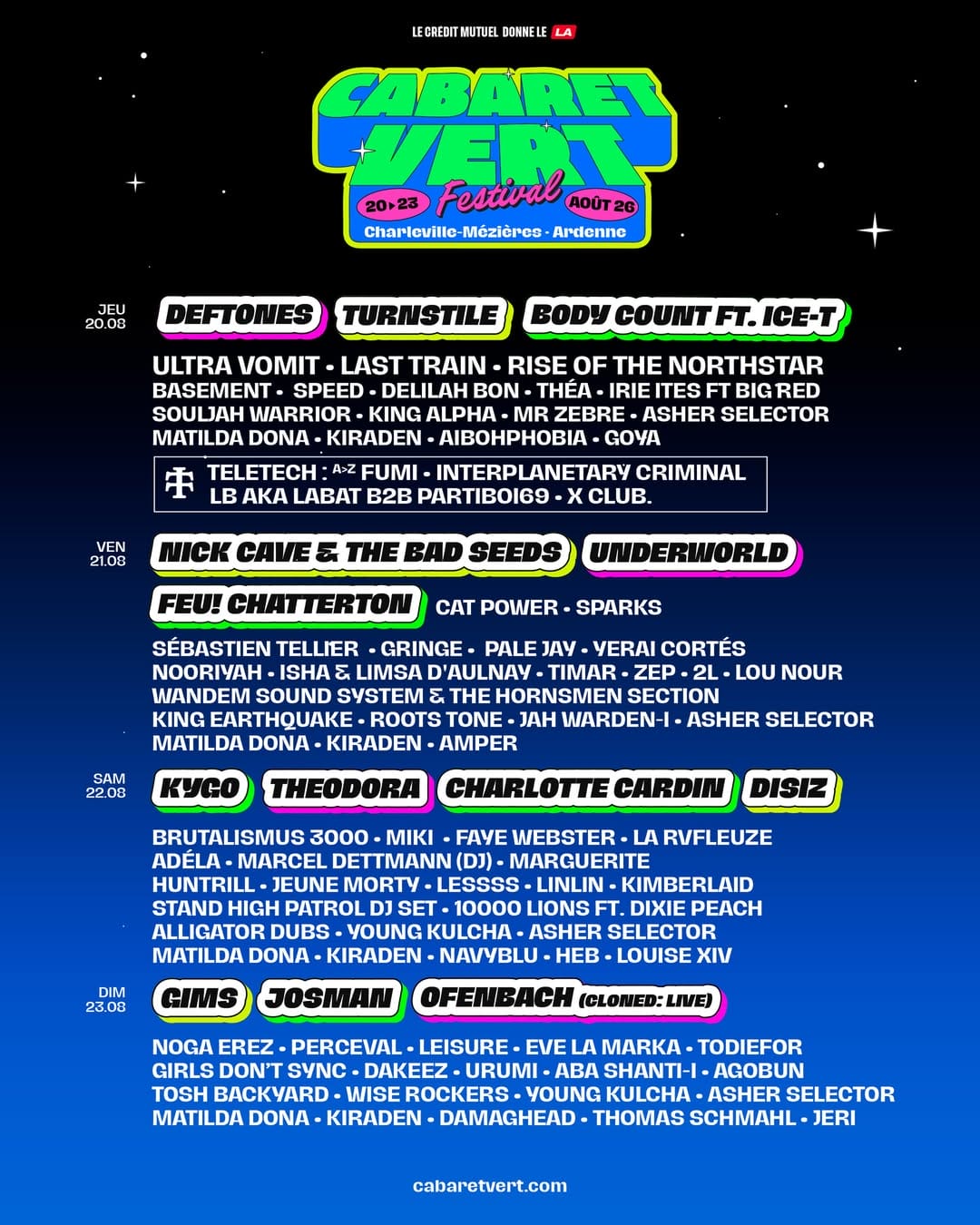 Affiche officielle de l'édition 2026 du festival Cabaret Vert se déroulant du 20 au 23 août.