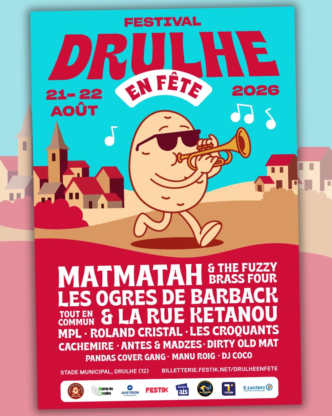 Une pomme de terre avec des lunettes de soleil joue de la trompette. Drulhe en fête a lieu à Drulhe du 21 au 22 août.
