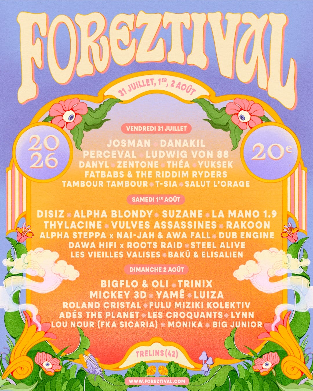 Affiche officielle de l'édition 2026 du Foreztival se déroulant entre le 31 juillet et le 2 août.