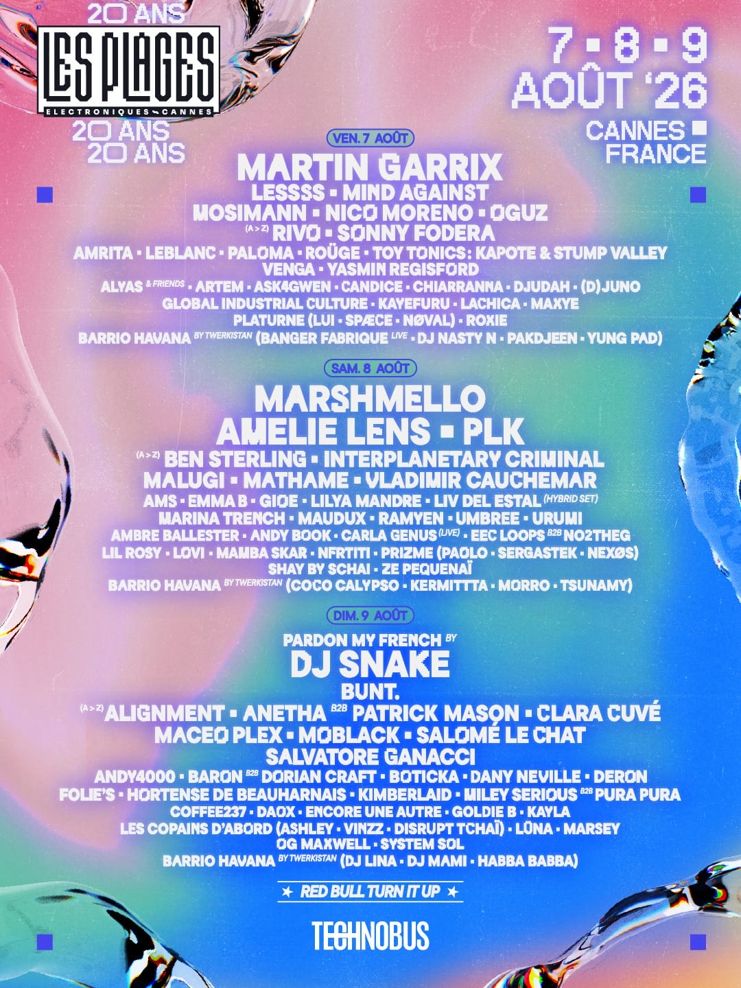 Affiche officielle de l'édition 2026 du festival Les Plages Electroniques se déroulant du 7 au 9 août.