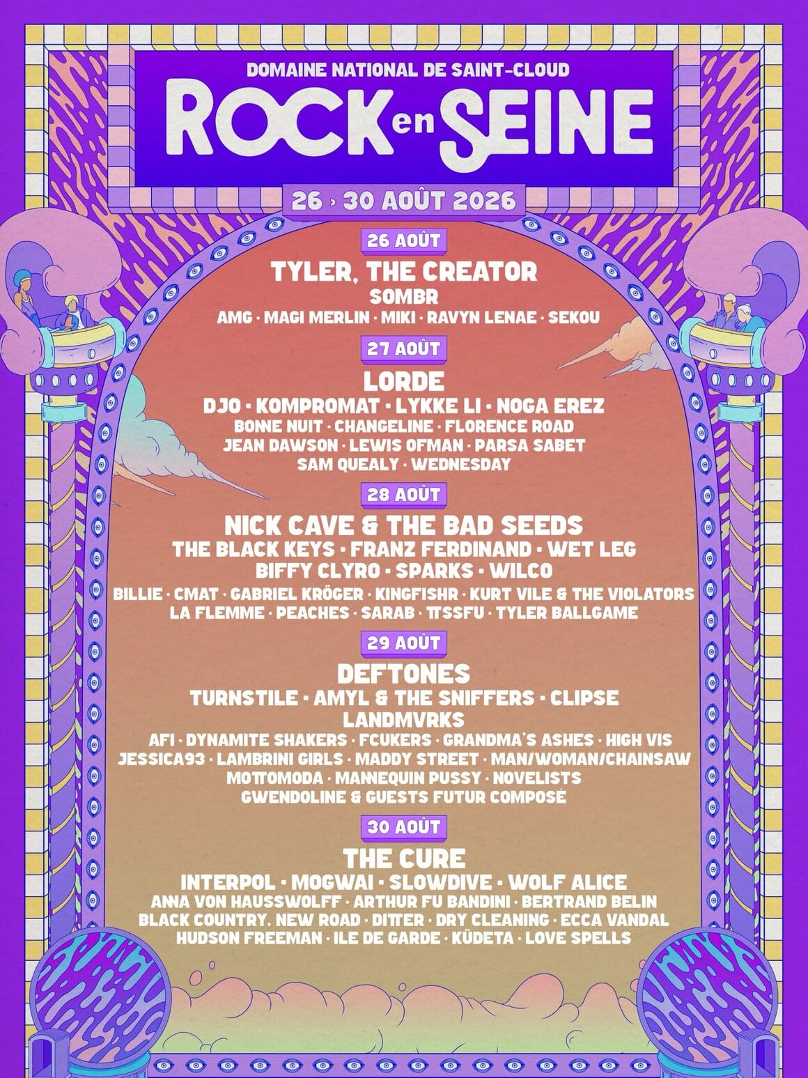 Affiche officielle de l'édition 2026 du festival Rock en Seine se déroulant du 26 au 30 août.