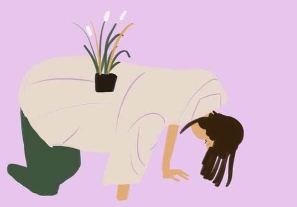 Illustration de la série N00ds de Ping Zhu montrant une femme à quatre pattes portant une plante sur son dos.