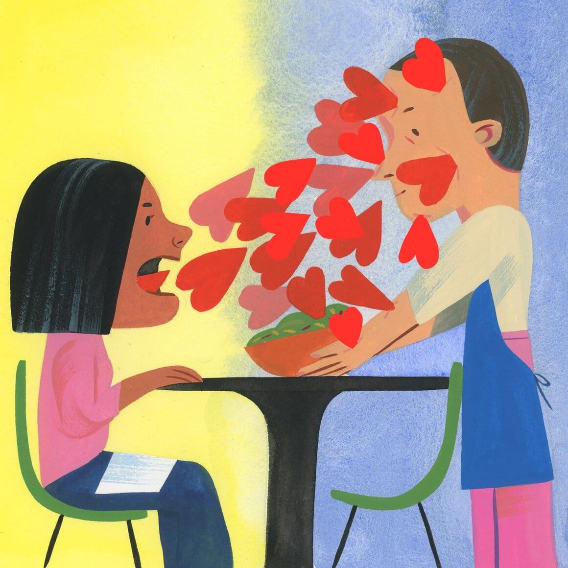Illustration de Ping Zhu représentant une femme attablée projetant une pluie de coeur avec sa bouche, sur un serveur.