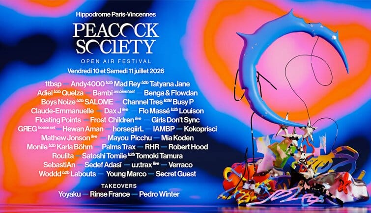 Affiche officielle du Peacock Society 2026 à l'hippodrome Paris-Vincennes présentant la programmation du festival du 10 au 11 juillet ainsi que les artistes en tête d'affiche