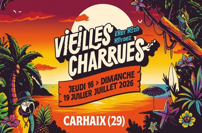 Affiche officielle des vielles charrues 2026 à Carhaix présentant la programmation du festival du 16 au 19 juillet sous les tropiques avec un perroquet portant un chapeau.