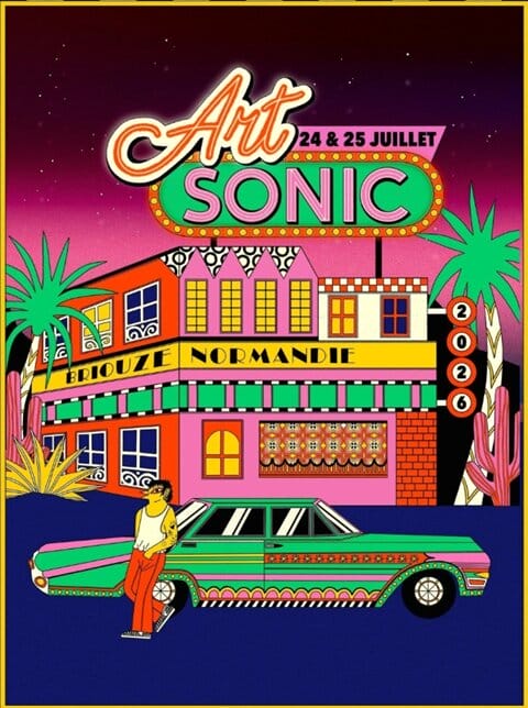 Affiche officielle du festival Art Sonic 2026 à Brouzé (Normandie), les 24 et 25 juillet. Illustration colorée façon rétro-pop dans des tons rose, orange et vert.