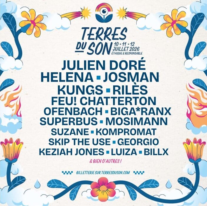Affiche officielle des Terres du Son 2026 présentant avec des fleurs et la programmation du festival du 10 au 12 juillet ainsi que les artistes en tête d'affiche