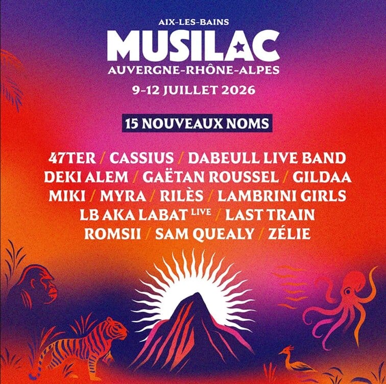 Affiche officielle du Musilac d'Aix-les-Bains 2026 présentant la programmation du festival du 9 au 12 juillet ainsi que les artistes en tête d'affiche. Des animaux sont dessiné sur un dégradé de couleur de orange à violet.