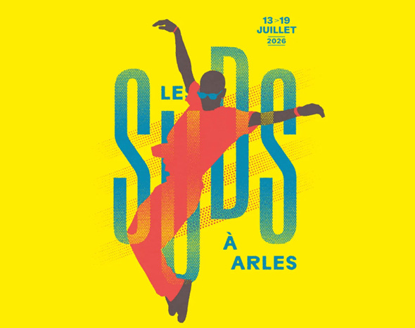Affiche officielle du Sud à Arles 2026 présentant la programmation du festival du 13 au 19 juillet. Une personne danse sur le fond jaune de l'affiche.