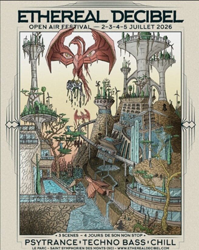 Affiche officielle du festival Ethereal Decibel 2026, présentant un univers fantastique et les informations de l'événement.