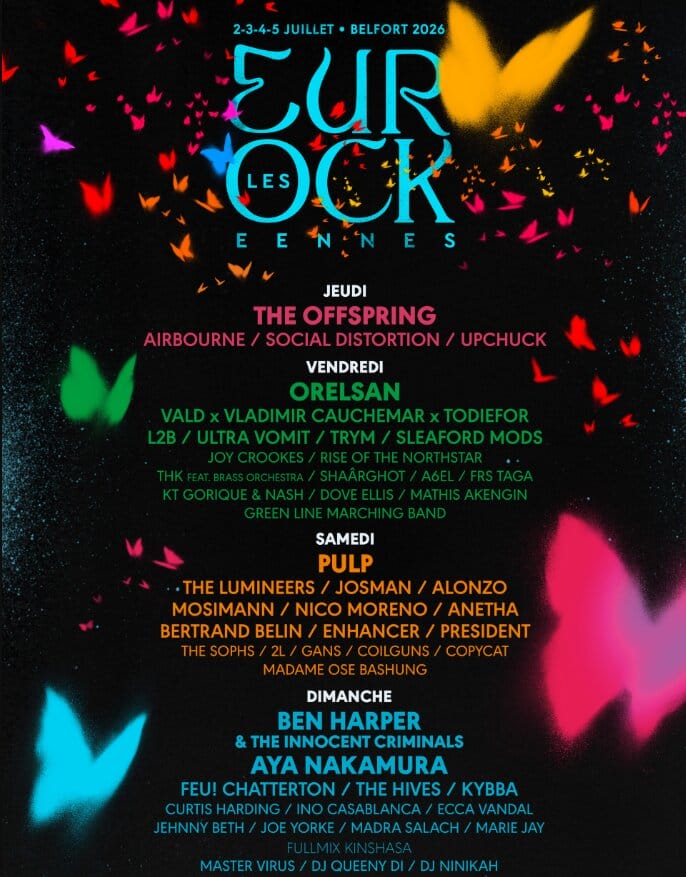 Affiche officielle des Eurockéennes de Belfort 2026 présentant la programmation du festival du 2 au 5 juillet