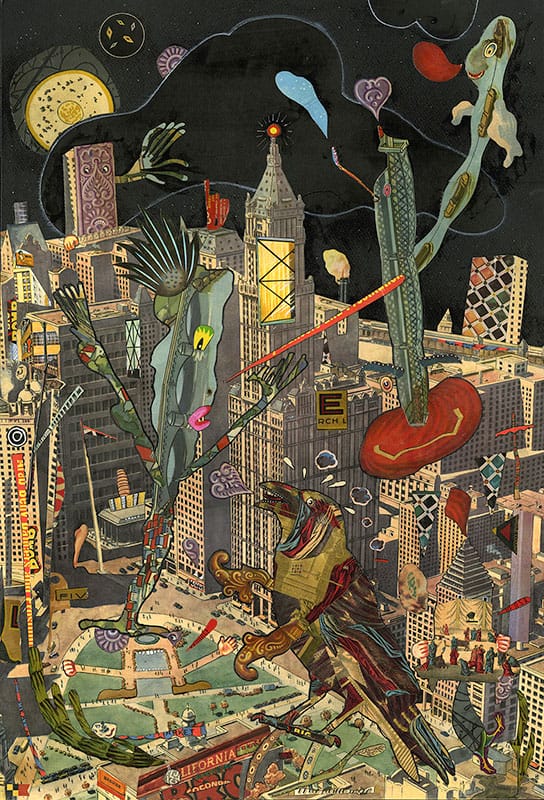 Collage représentant une ville envahie de créatures hybrides et de végétaux gigantesques.