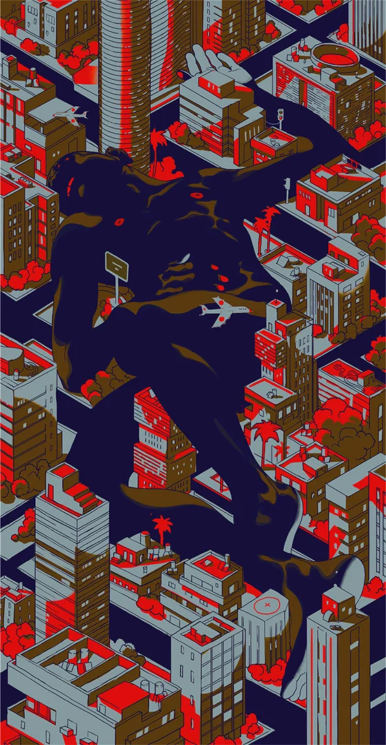 Illustration d'une silhouette sombre allongée au milieu d'une ville en vue plongée, par Tomer Hanuka.