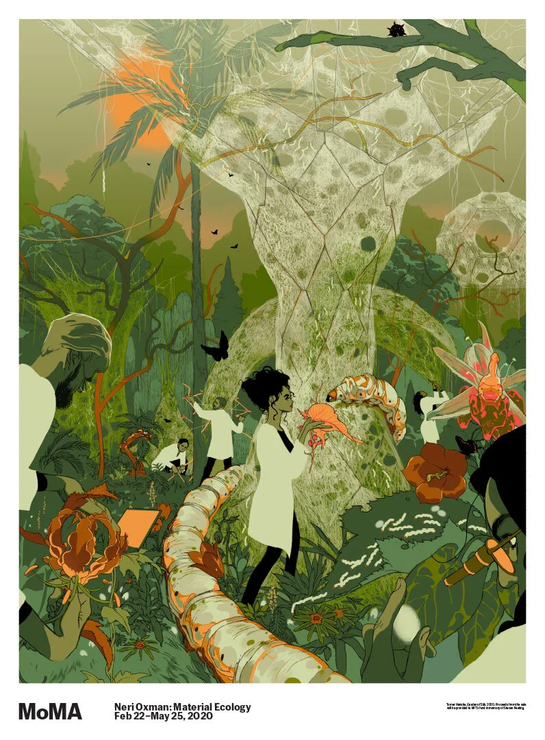 Illustration d'une chercheuse évoluant dans une forêt luxuriante peuplée de vers à soie géants, par Tomer Hanuka.