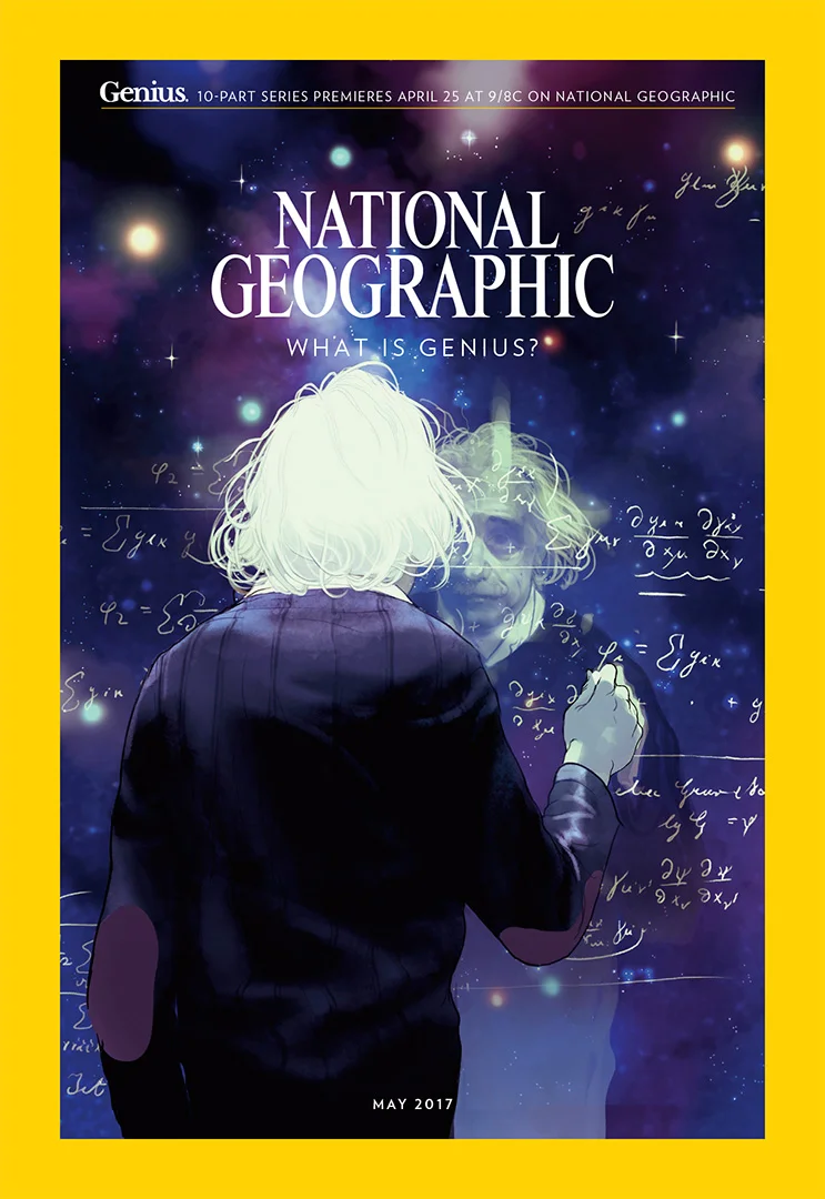 Illustration d'Albert Einstein de dos face à un tableau couvert d'équations, réalisée par Tomer Hanuka pour National Geographic.